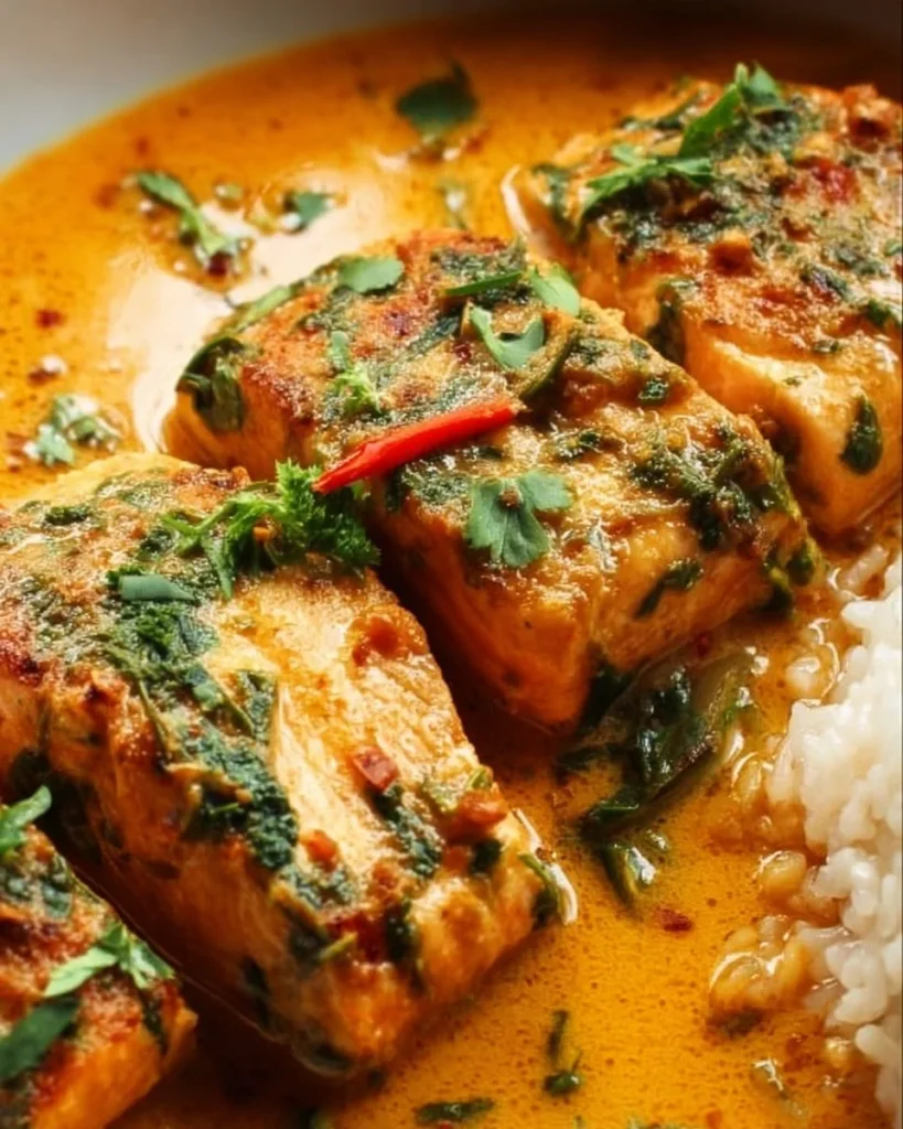 Salmon coconut curry dish with vibrant colors and flavors, inspired by Thai cuisine.