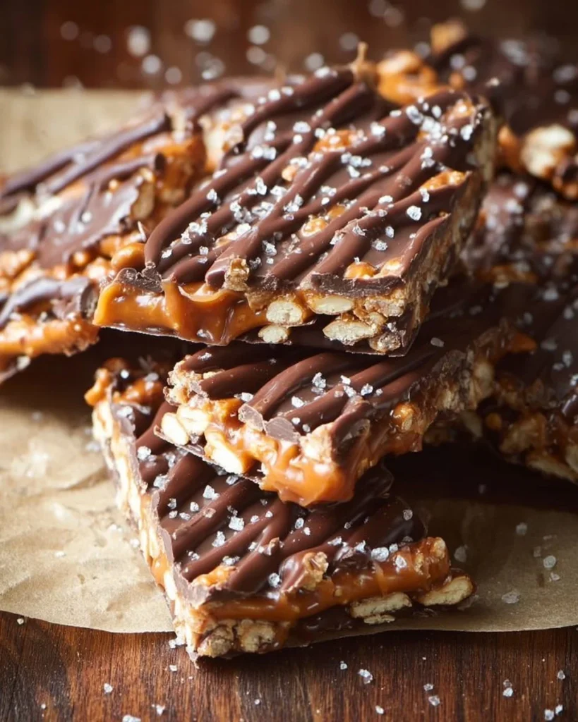 Delicious salted chocolate caramel pretzel bars topped with sea salt.