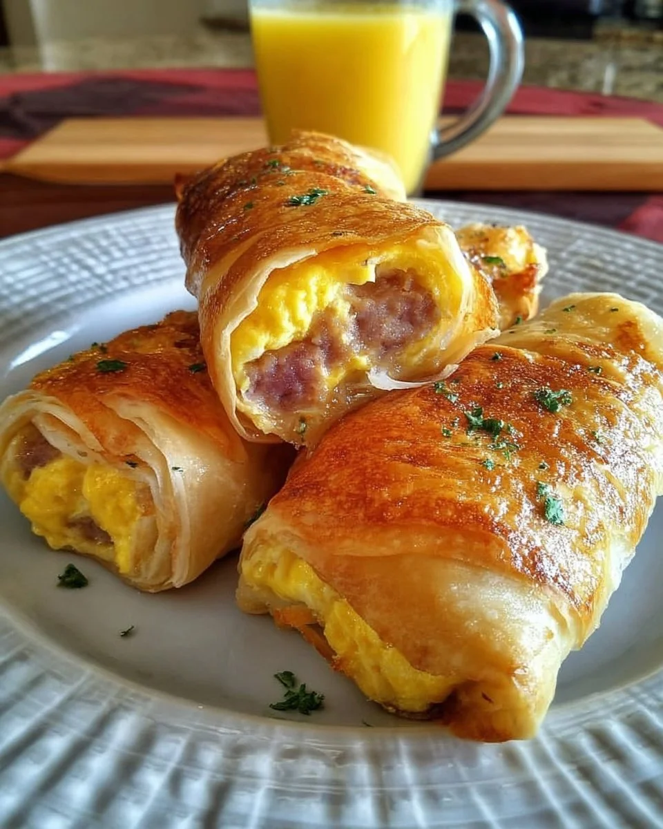 Delicious sausage egg and cheese breakfast roll-ups ready to eat.