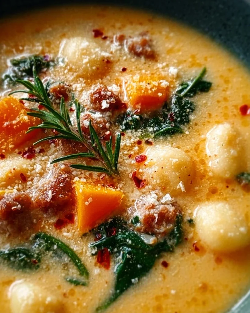 Delicious bowl of butternut squash gnocchi soup garnished with herbs.