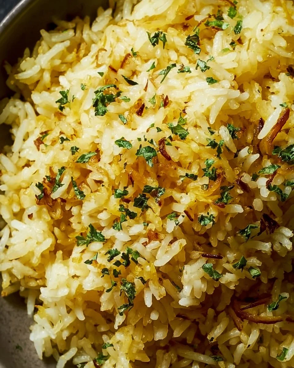 Savory golden onion butter jasmine rice dish with fresh herbs