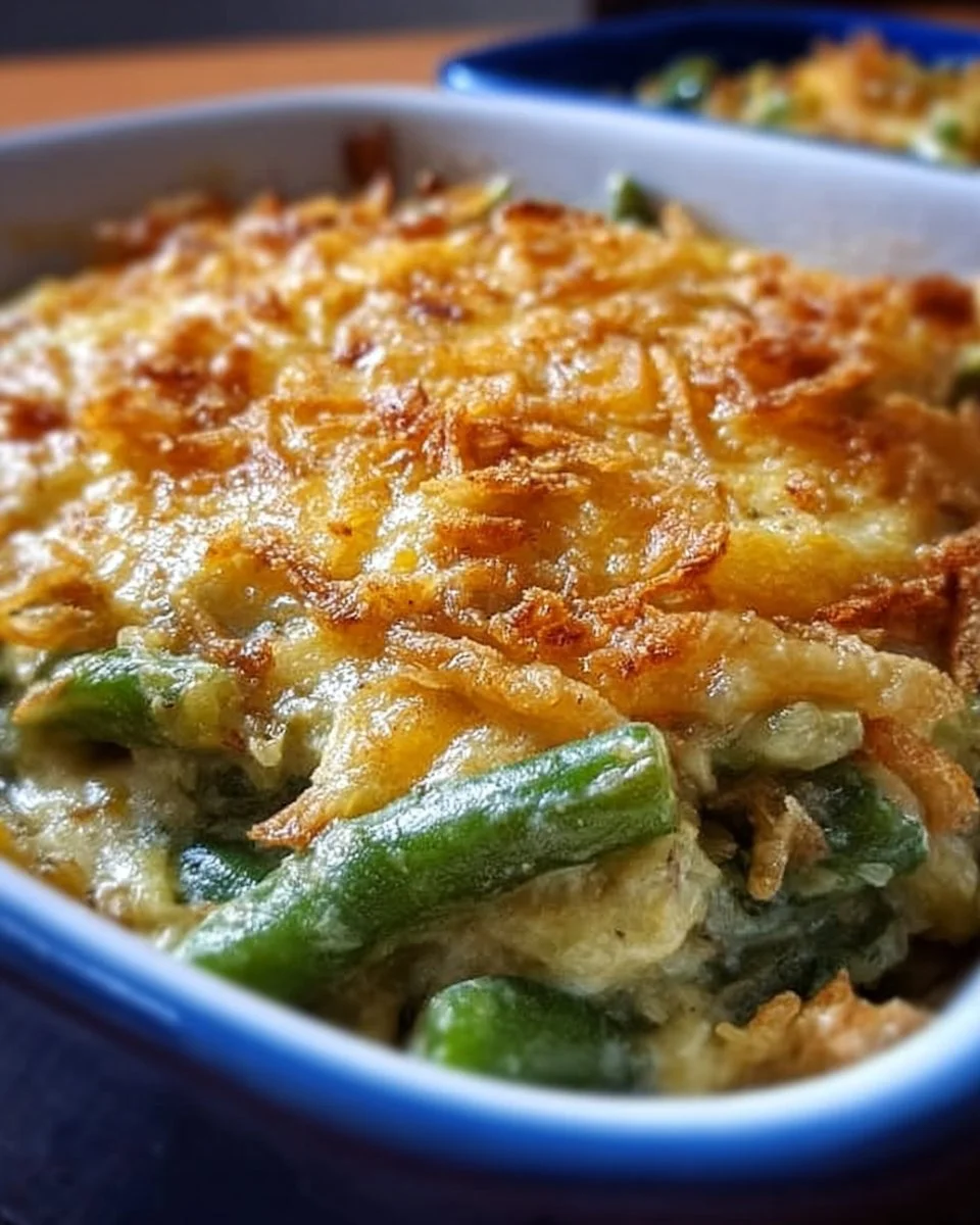 Savory green bean casserole topped with crispy onions and perfectly baked.