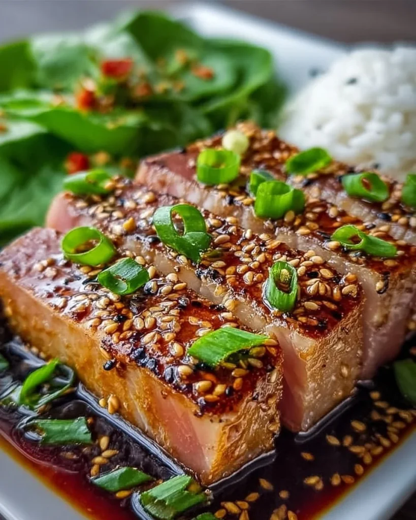 Grilled sesame ginger Asian tuna steak garnished with green onions and sesame seeds