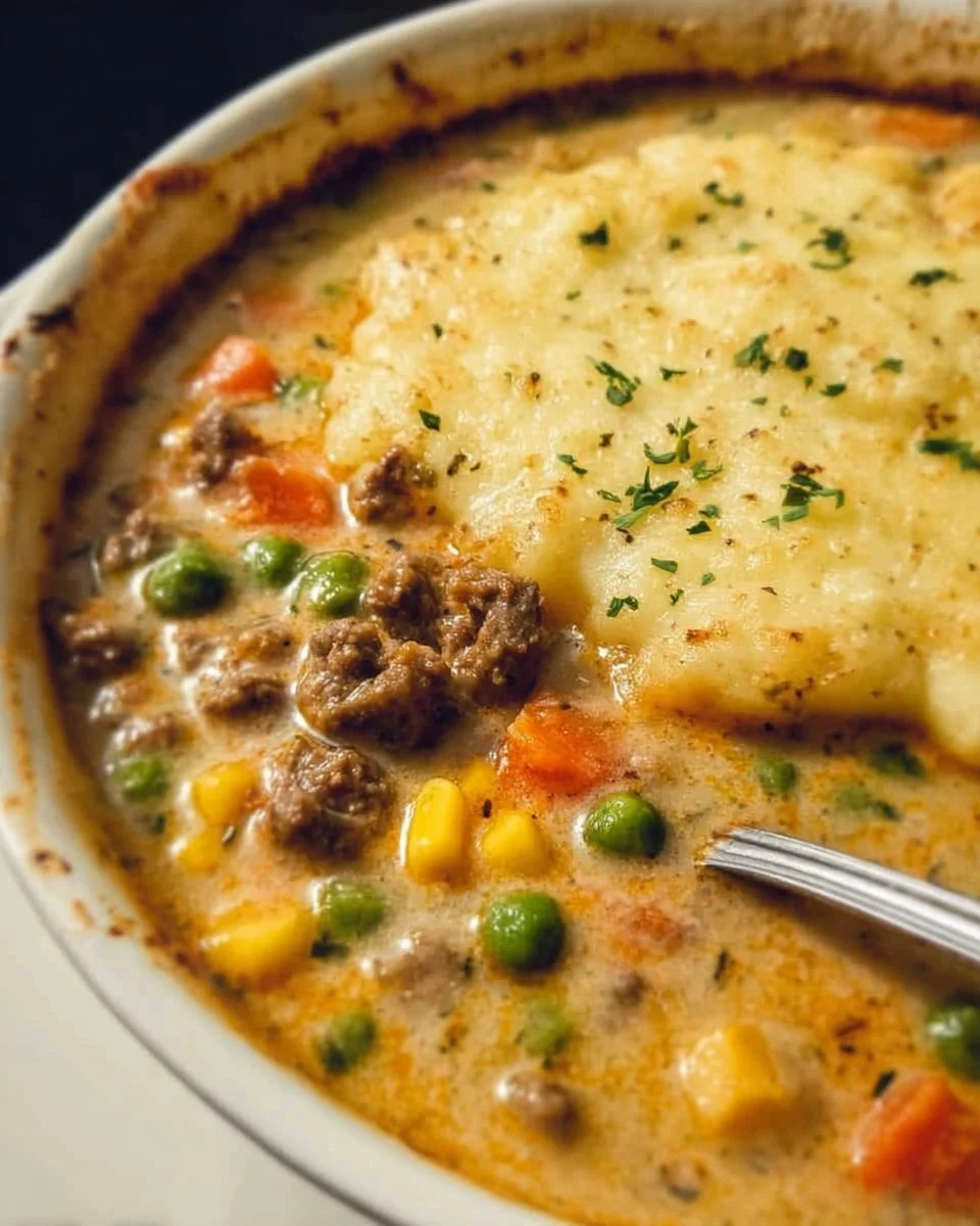 Delicious Shepherd's Pie Soup in a bowl garnished with fresh herbs