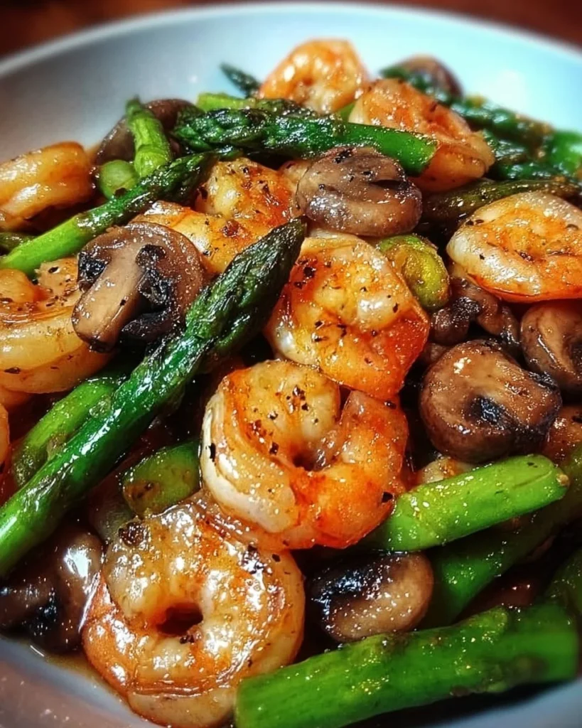 Shrimp stir-fry with asparagus and mushrooms in a colorful dish
