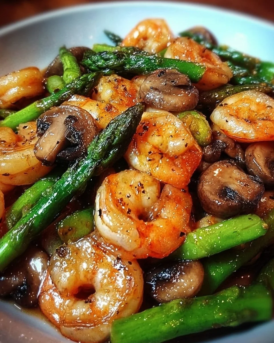 Shrimp stir-fry with asparagus and mushrooms in a colorful dish