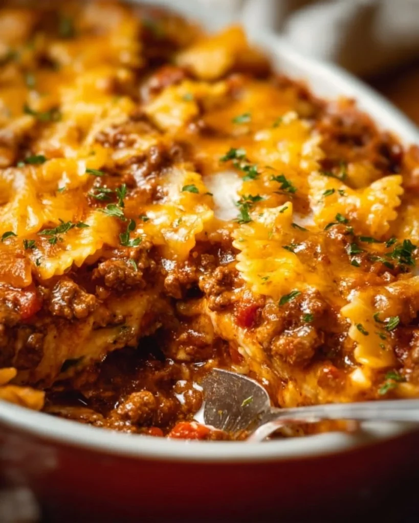 Delicious Sloppy Joe Casserole topped with cheese and served in a baking dish