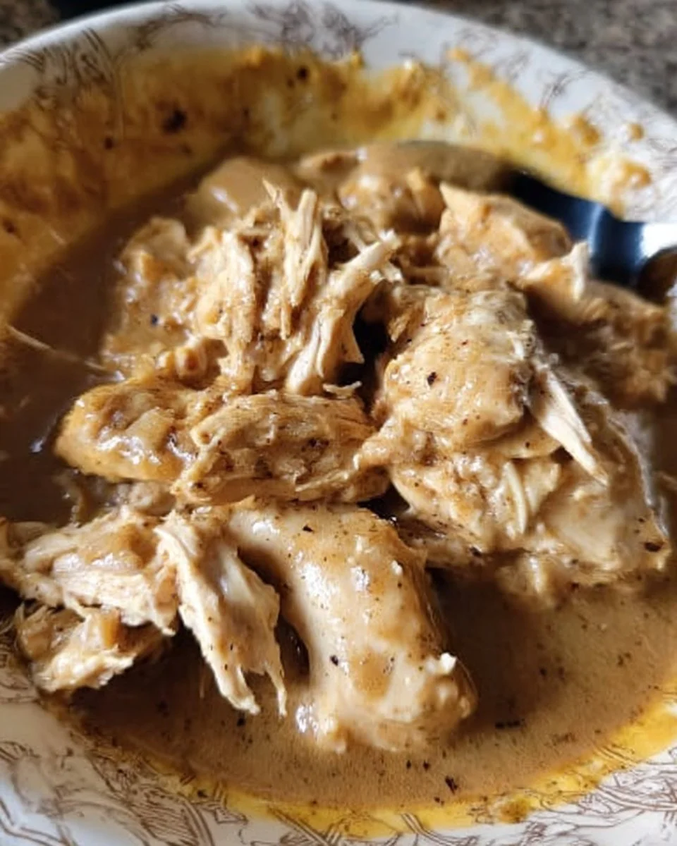 Slow cooker chicken and gravy served on a plate with mashed potatoes.
