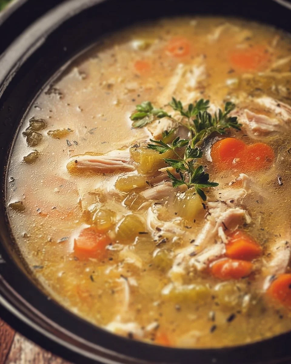 Delicious slow cooker turkey soup garnished with herbs in a bowl