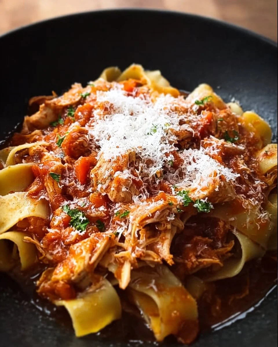 Bowl of slowly braised chicken ragu with herbs and pasta