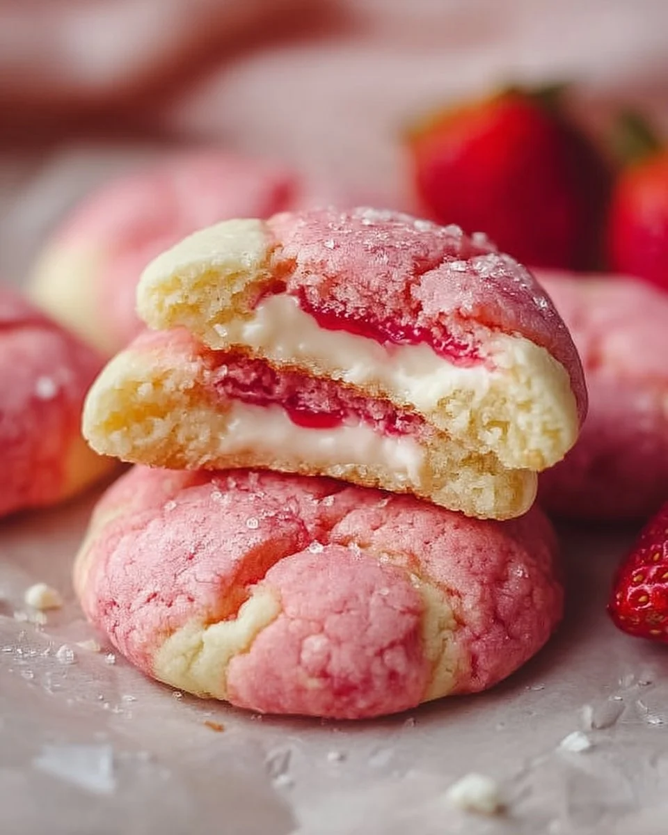 Delicious soft strawberry cheesecake cookies on a white plate