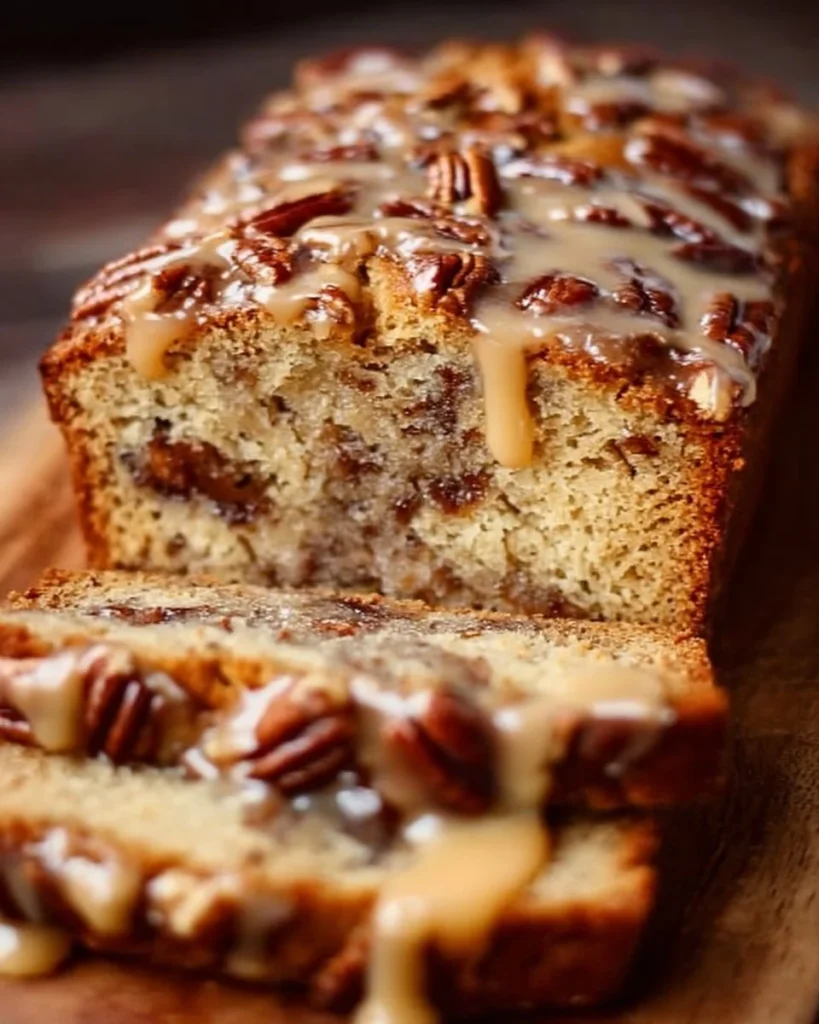 Southern Pecan Praline Buttermilk Loaf Cake with pecan topping