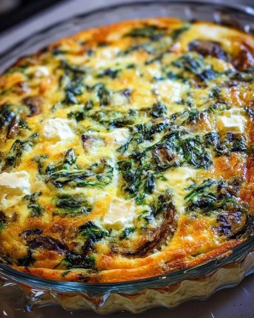 Spinach, Mushroom, and Feta Crustless Quiche served on a plate