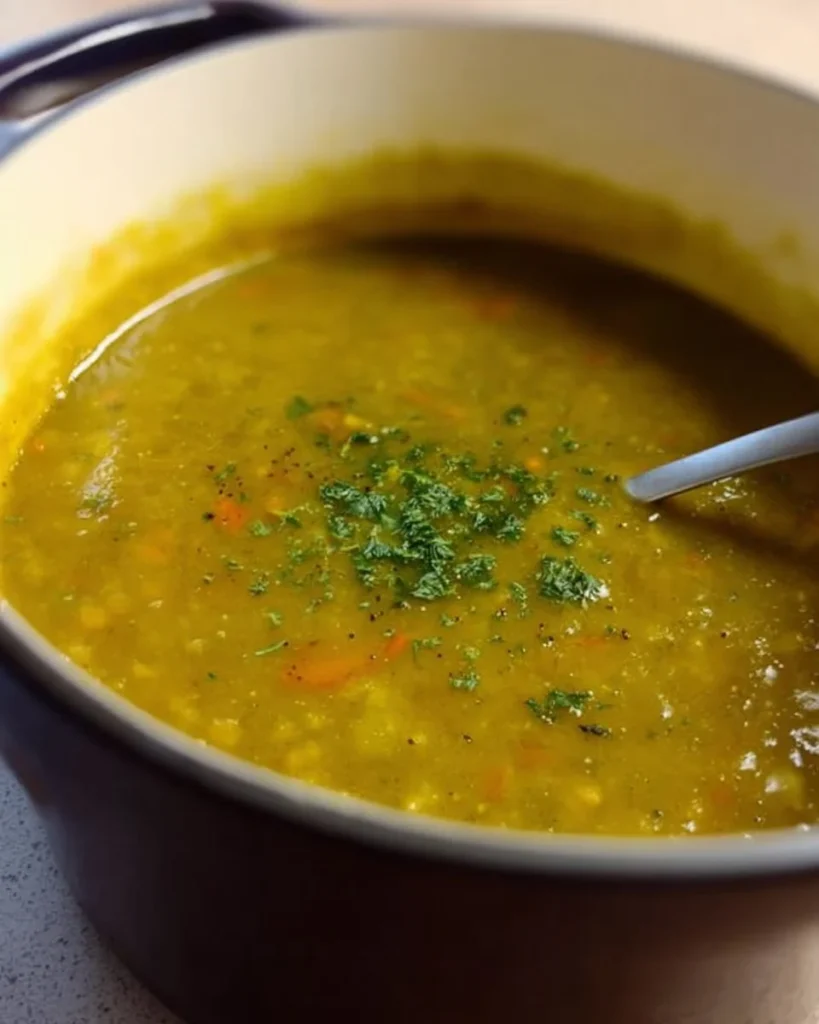 Bowl of homemade Split Pea Soup with fresh herbs and vegetables