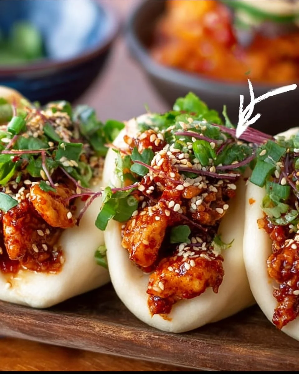 Steamed bao buns filled with Korean chicken served on a plate