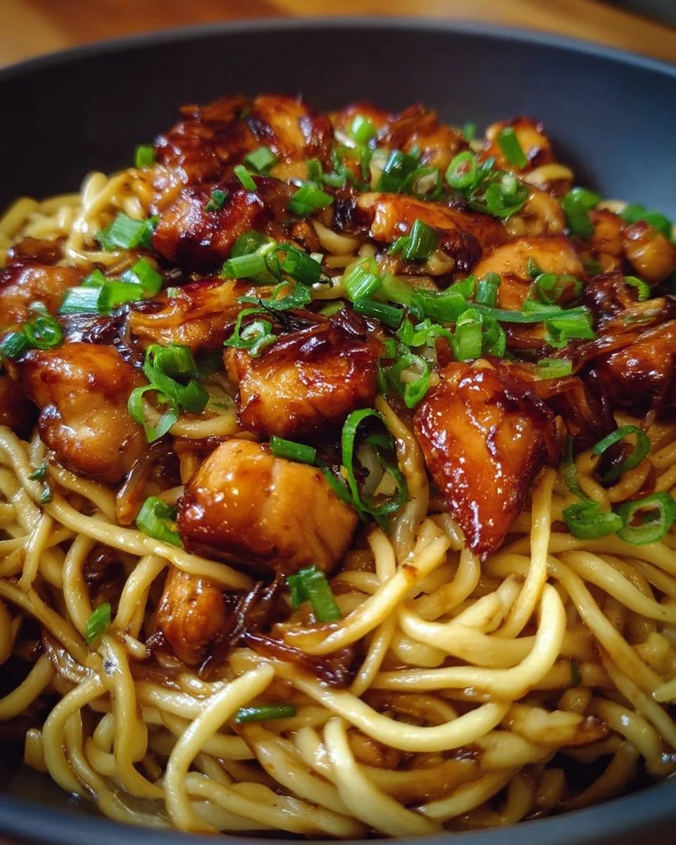 Plate of Sticky Garlic Chicken Noodles garnished with herbs