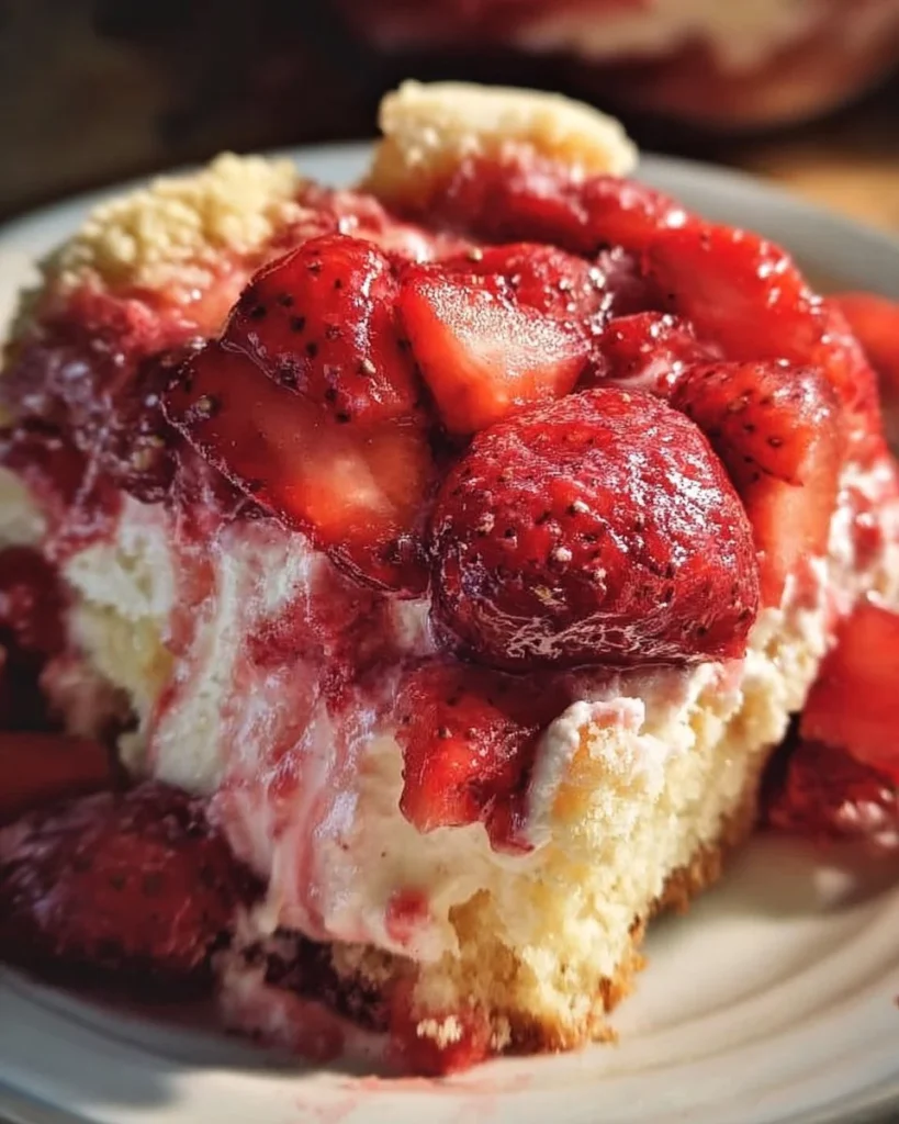 Delicious Strawberry Cheesecake Dump Cake topped with fresh strawberries.