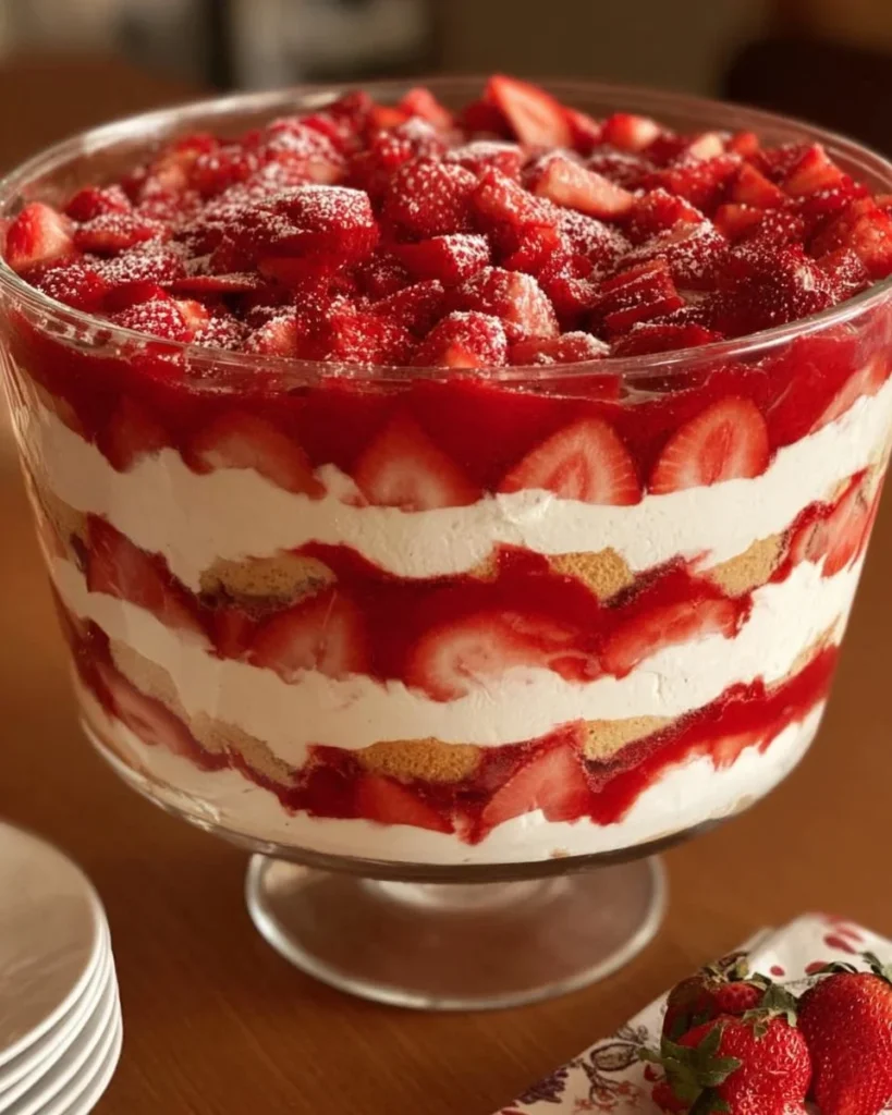 Delicious strawberry cheesecake trifle layered with fresh strawberries and creamy cheesecake.
