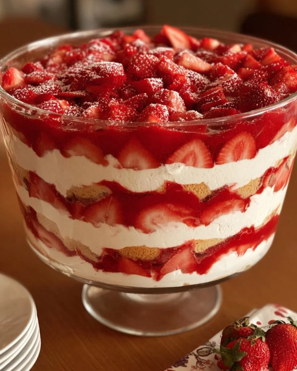 Delicious strawberry cheesecake trifle layered with fresh strawberries and creamy cheesecake.