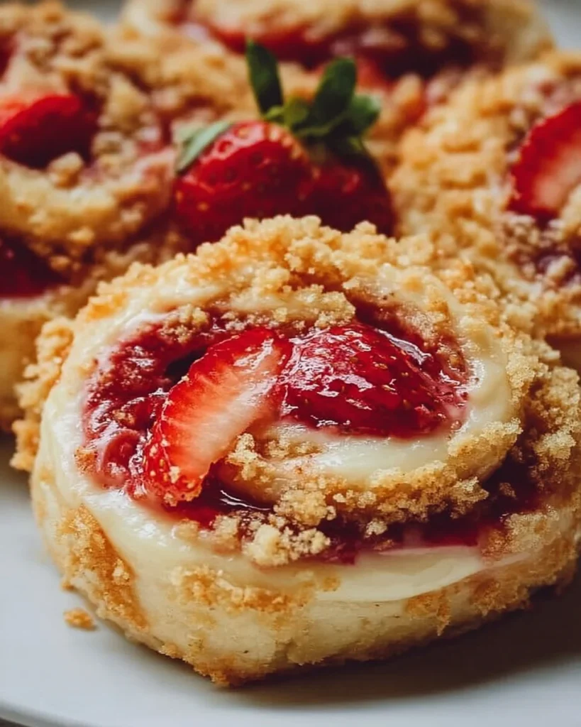 Strawberry cream cheese crumble rolls topped with a crispy crumble layer