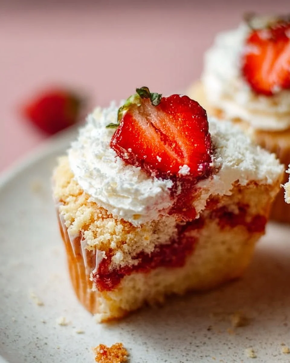 Strawberry Crunch Cupcakes with strawberry filling and crunchy topping