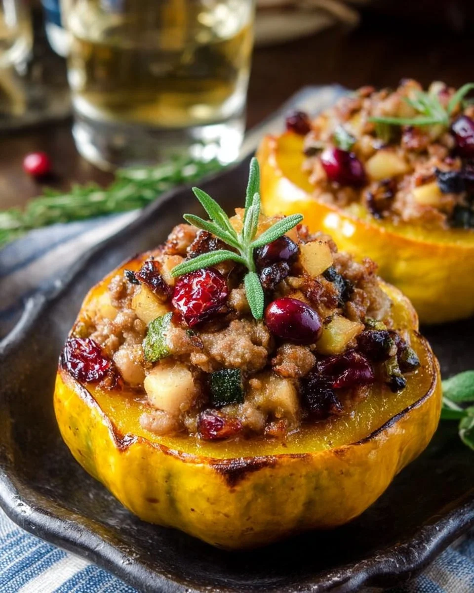 Stuffed acorn squash with sausage, apples, and cranberries plated for serving
