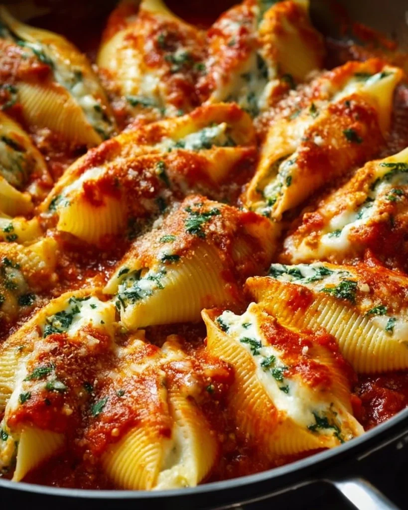 A platter of cheesy stuffed shells topped with marinara sauce and fresh basil.