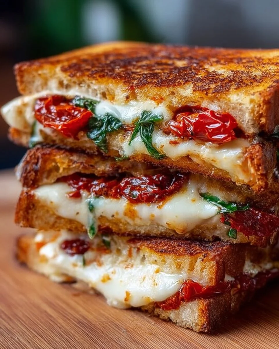Melted sun-dried tomato grilled cheese sandwich on toasted bread