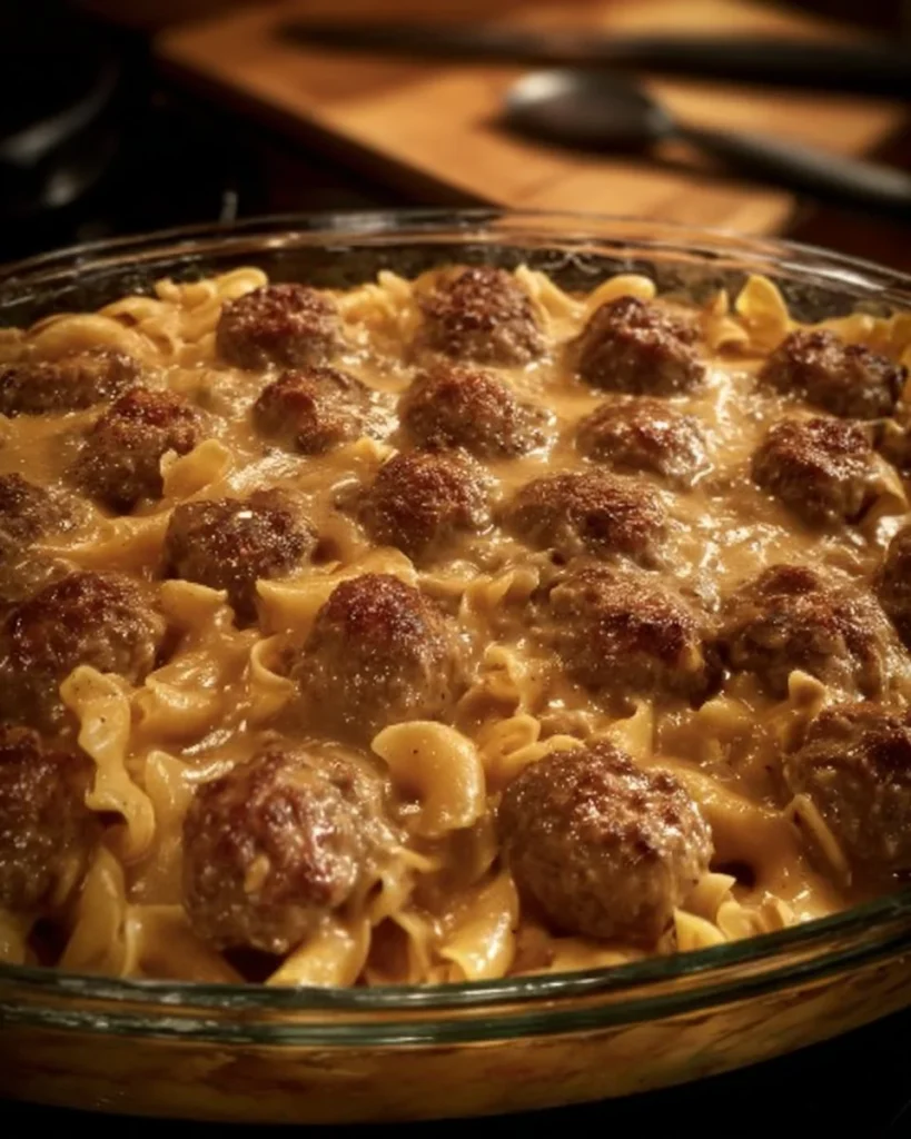 Delicious Swedish meatball noodle bake topped with cheese and herbs