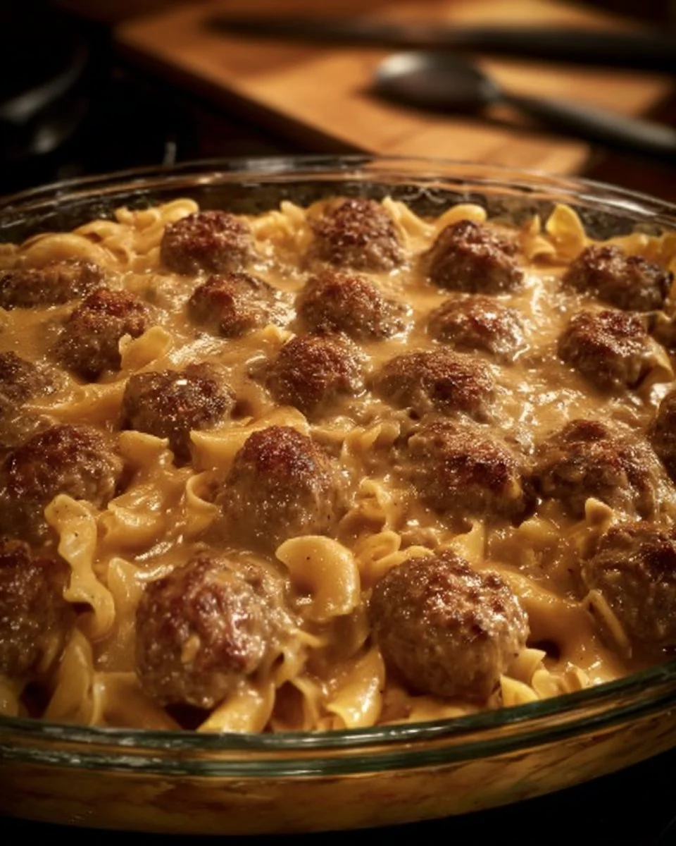 Delicious Swedish meatball noodle bake topped with cheese and herbs