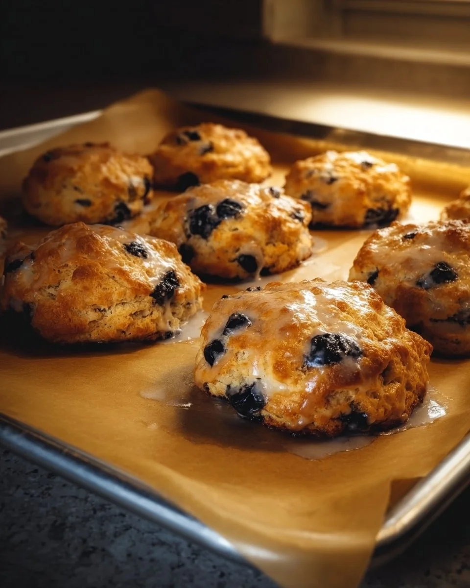 Freshly baked sweet blueberry biscuits on a wooden table
