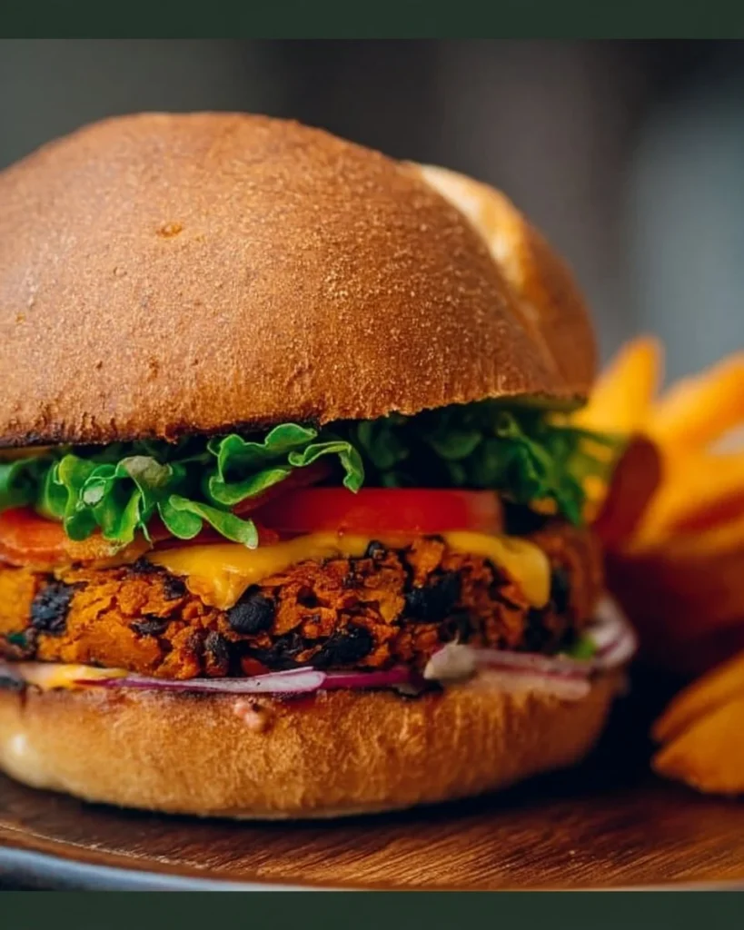 Sweet Potato Black Bean Burgers garnished with fresh vegetables