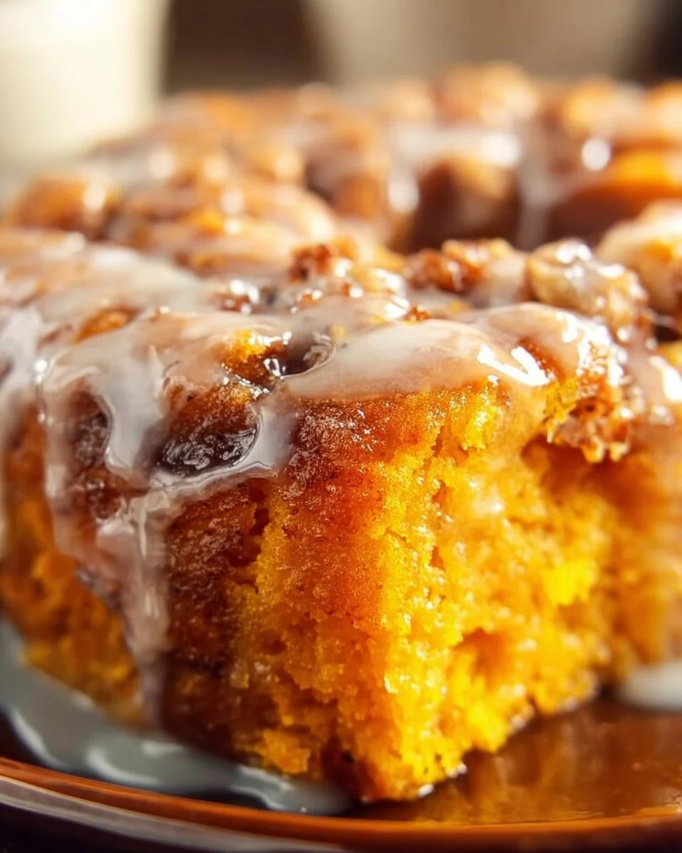 Delicious Sweet Potato Cinnamon Roll Cake topped with creamy frosting