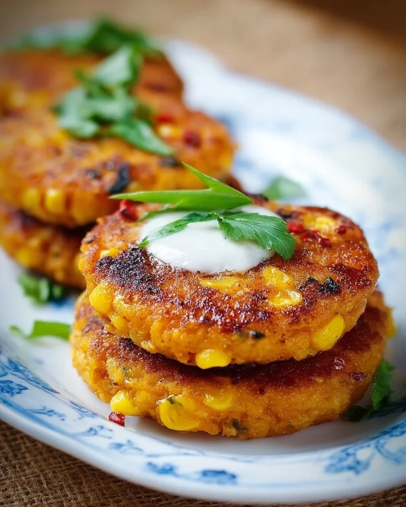 Golden brown sweet potato corn cakes served on a plate with herbs