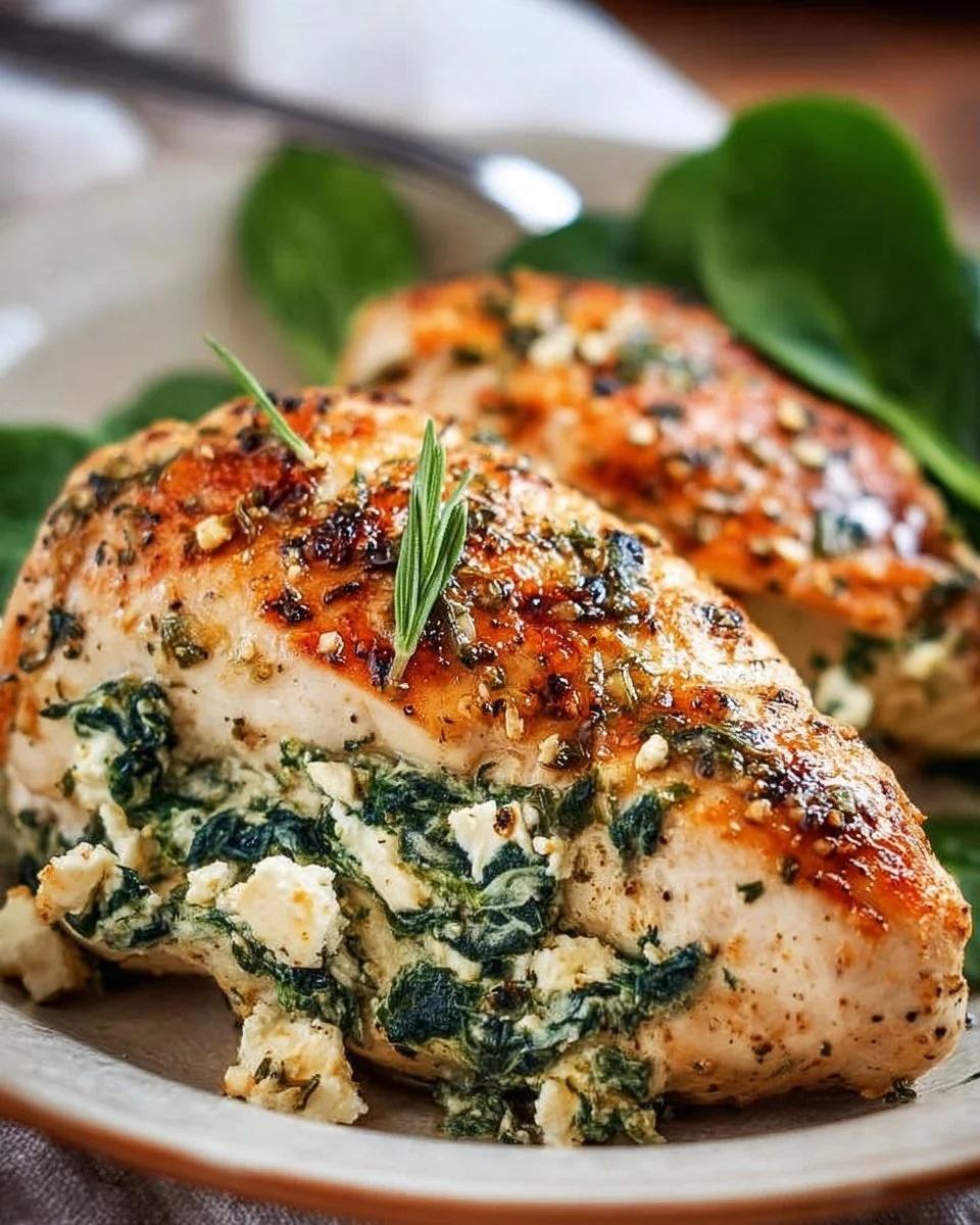 Juicy chicken breast stuffed with feta cheese and fresh spinach