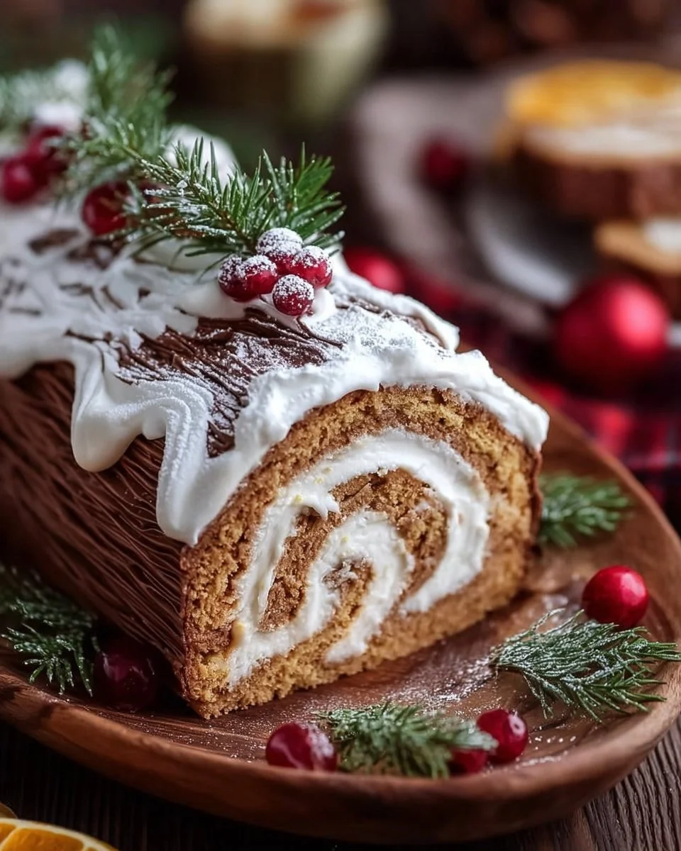 Delicious Ginger Bread Yule Log Cake decorated with festive toppings