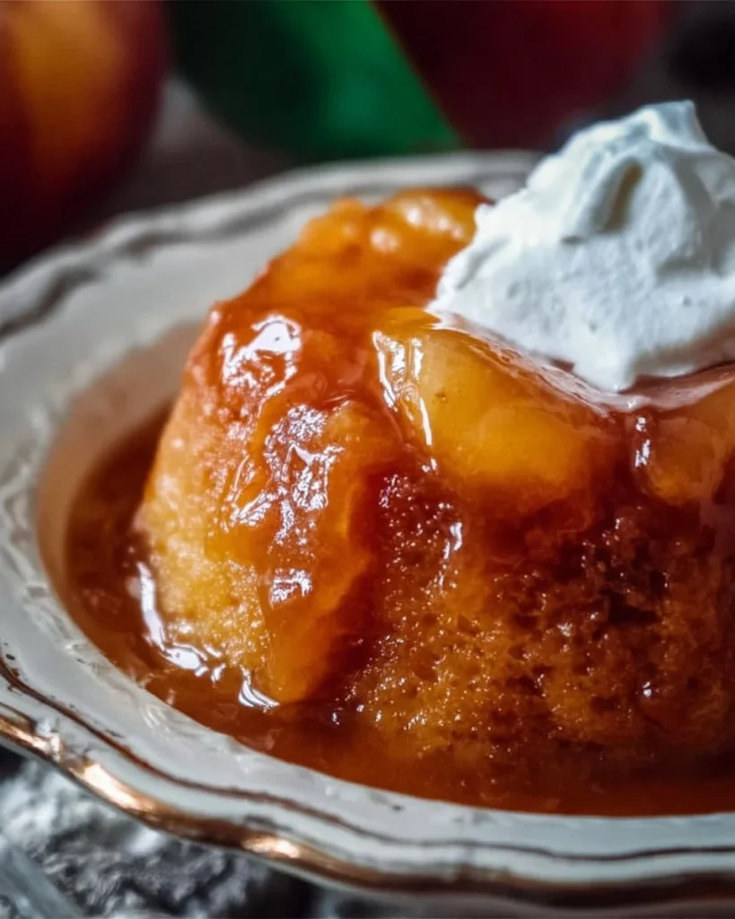 Delicious Tennessee Peach Pudding served in a bowl with fresh peaches