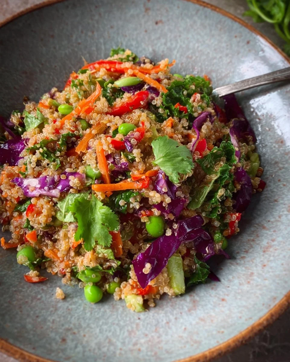 Thai-inspired quinoa salad with fresh vegetables and herbs