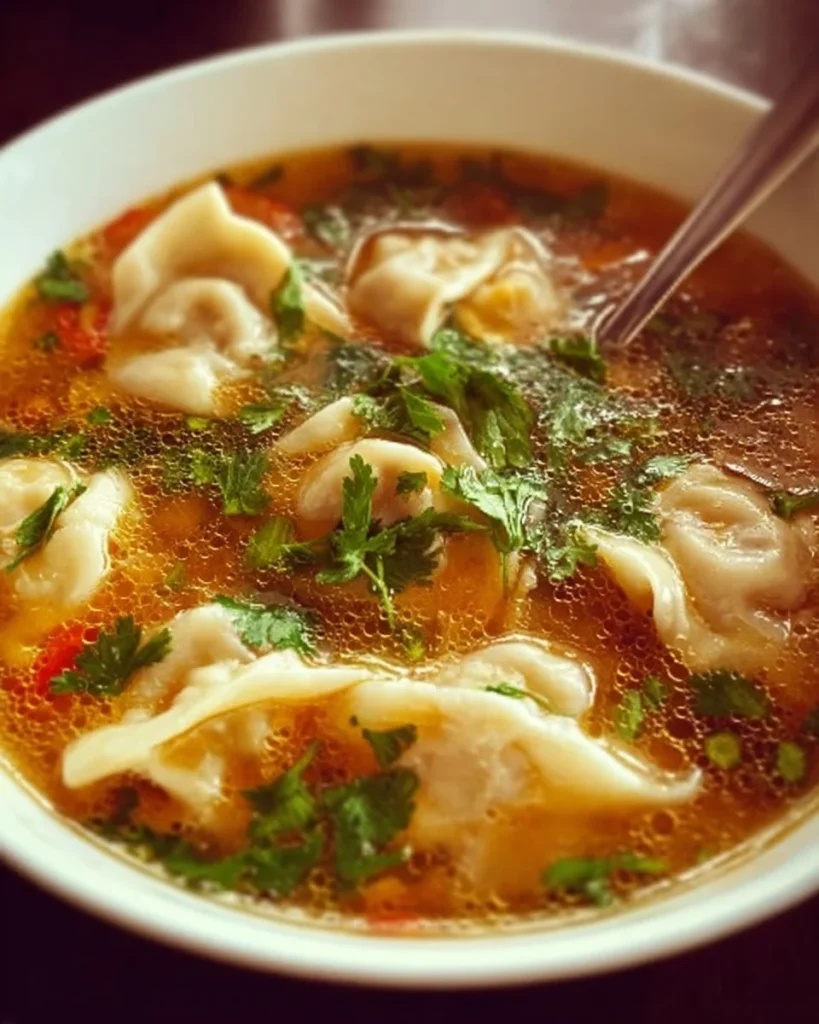 Bowl of Thai Potsticker Soup garnished with herbs and chili peppers