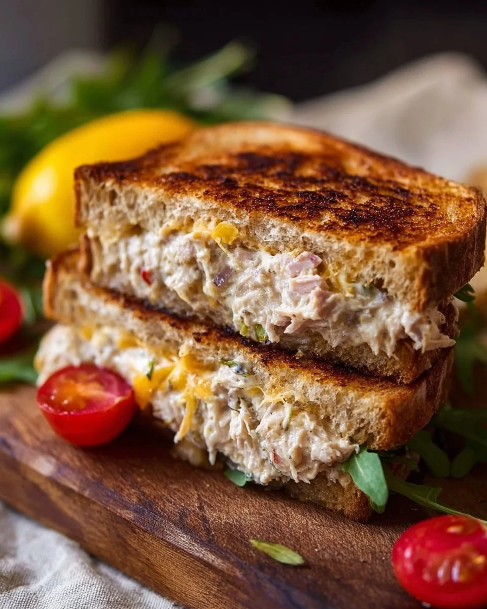 Classic tuna melt sandwich with melted cheese and tuna salad on toasted bread