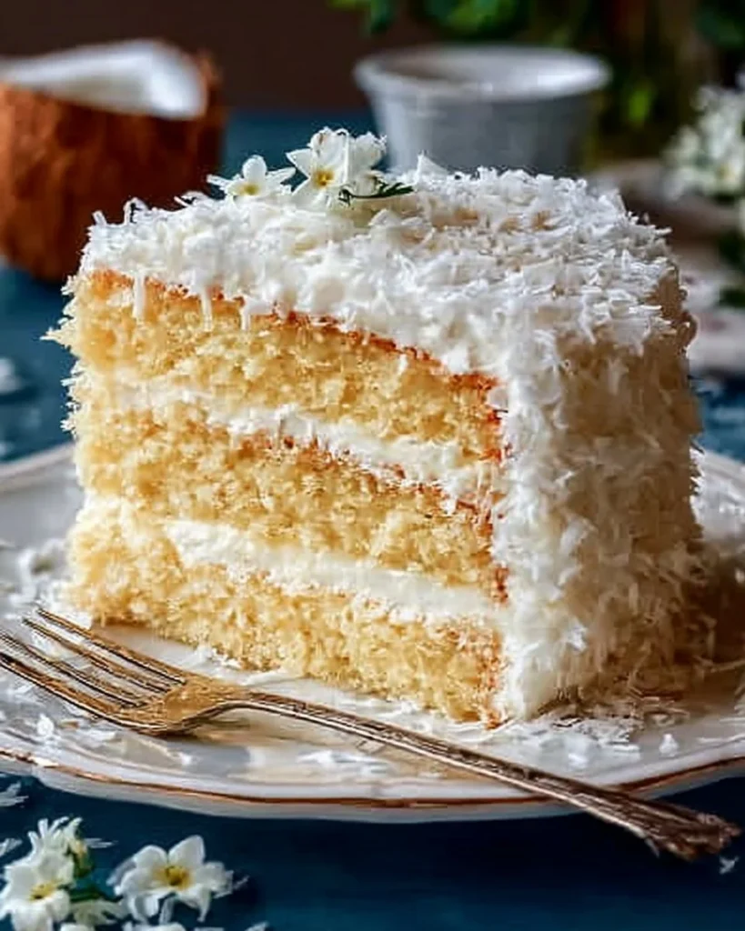 Slice of super moist and creamy coconut cake topped with coconut flakes