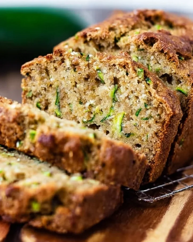 Delicious slice of healthy zucchini bread on a wooden cutting board.