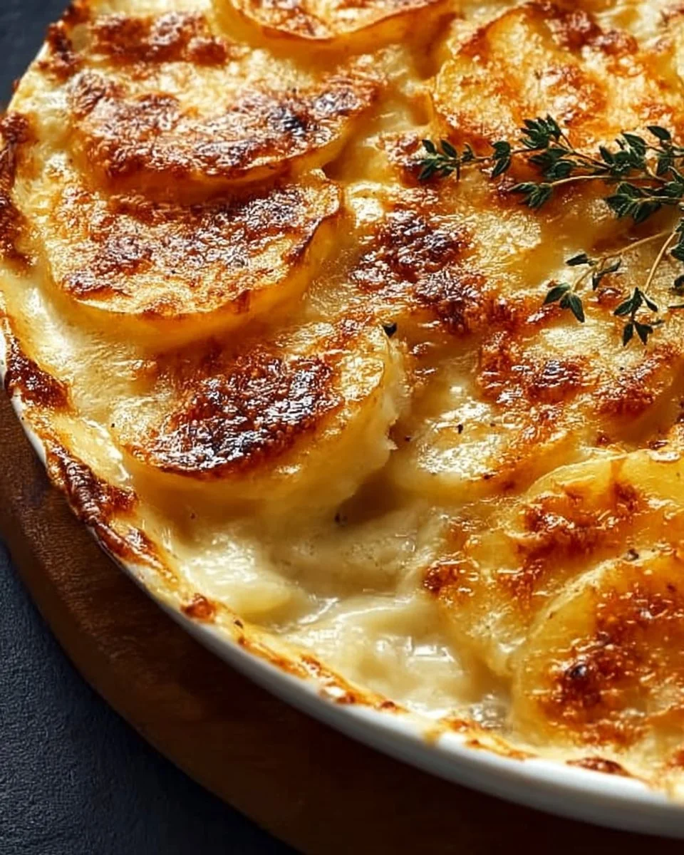 Creamy and cheesy scalloped potatoes served in a baking dish