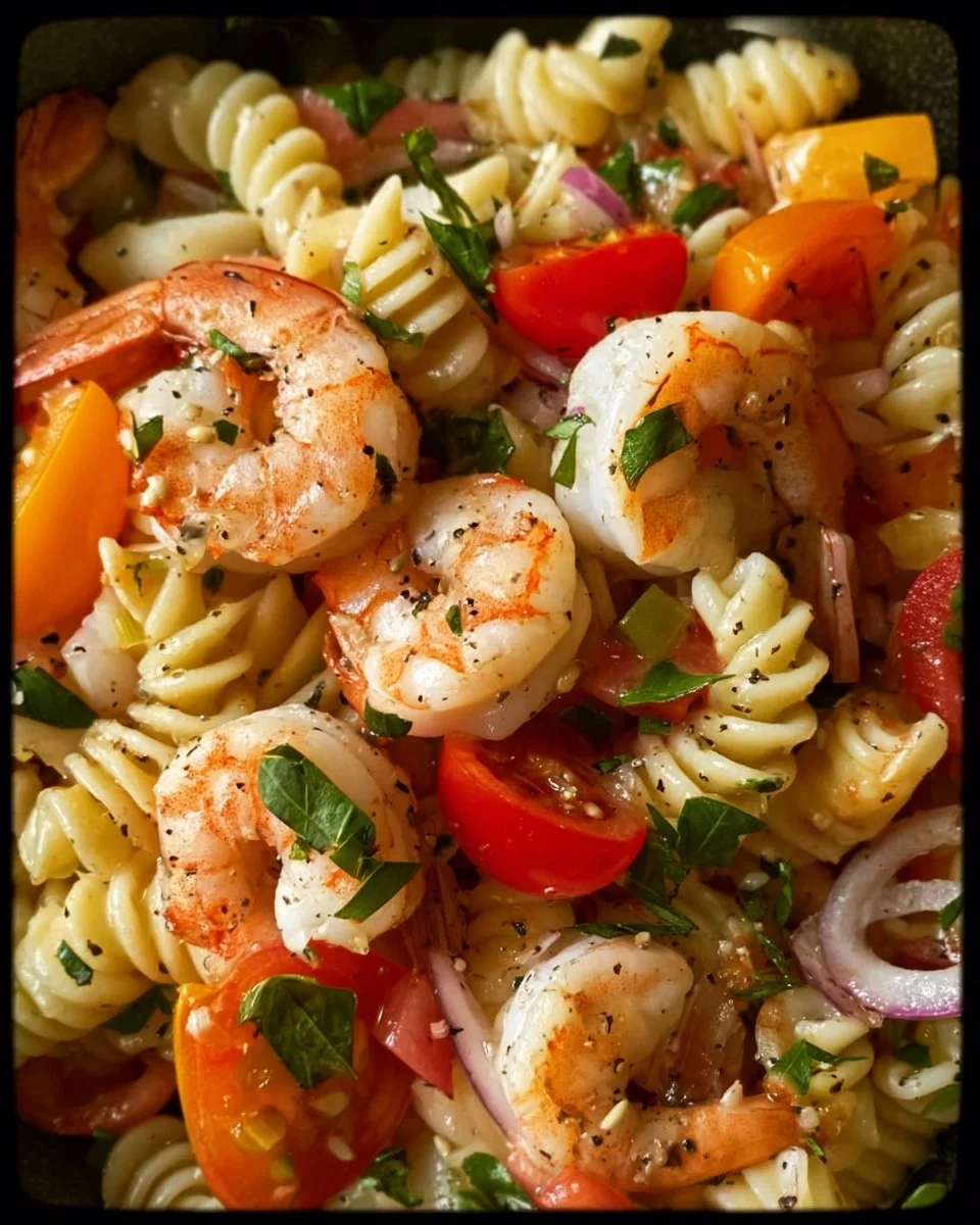 Delicious shrimp pasta salad with colorful vegetables and dressing