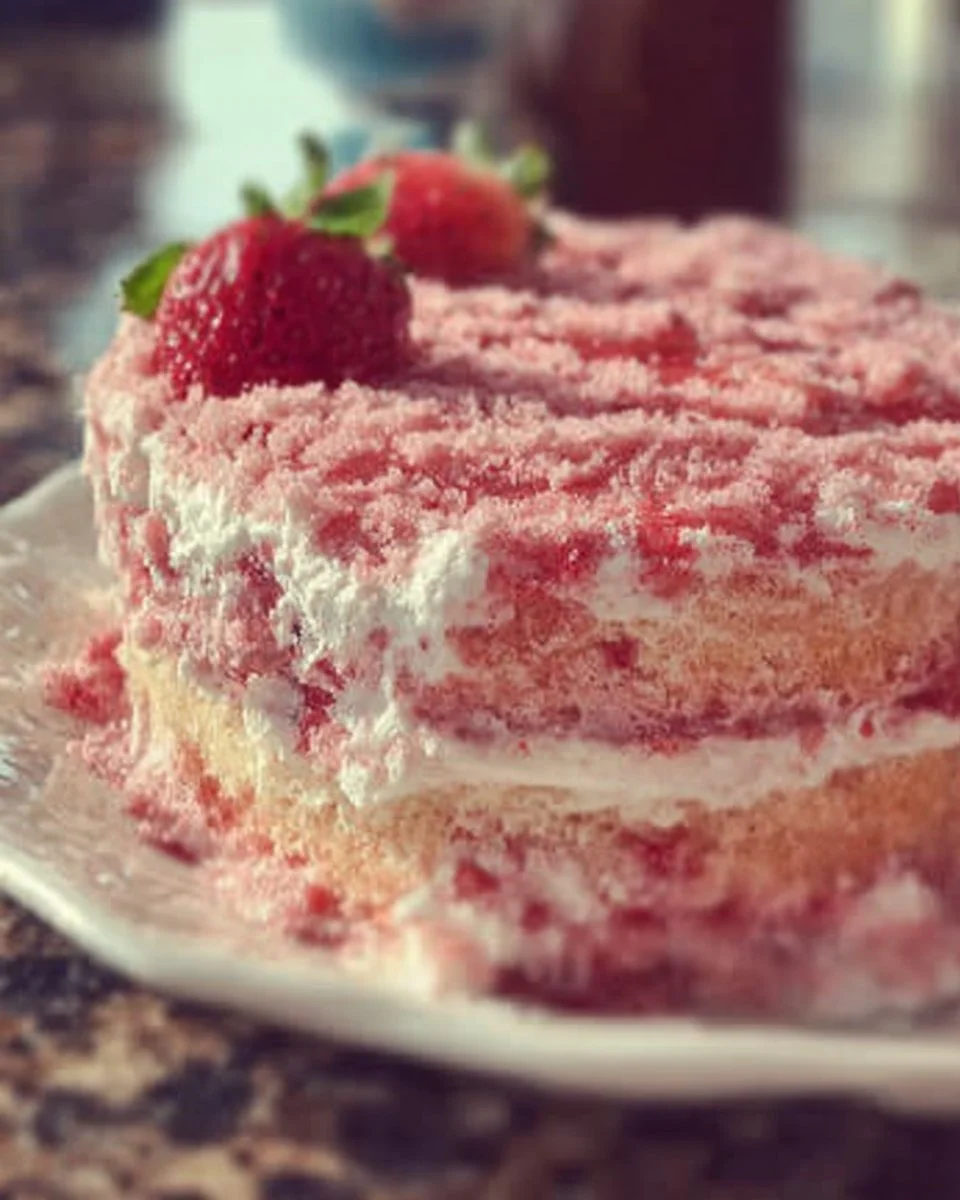 Deliciously moist strawberry cake topped with fresh strawberries and cream frosting