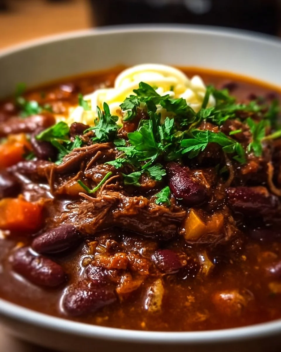 Delicious bowl of ultimate brisket chili garnished with fresh herbs