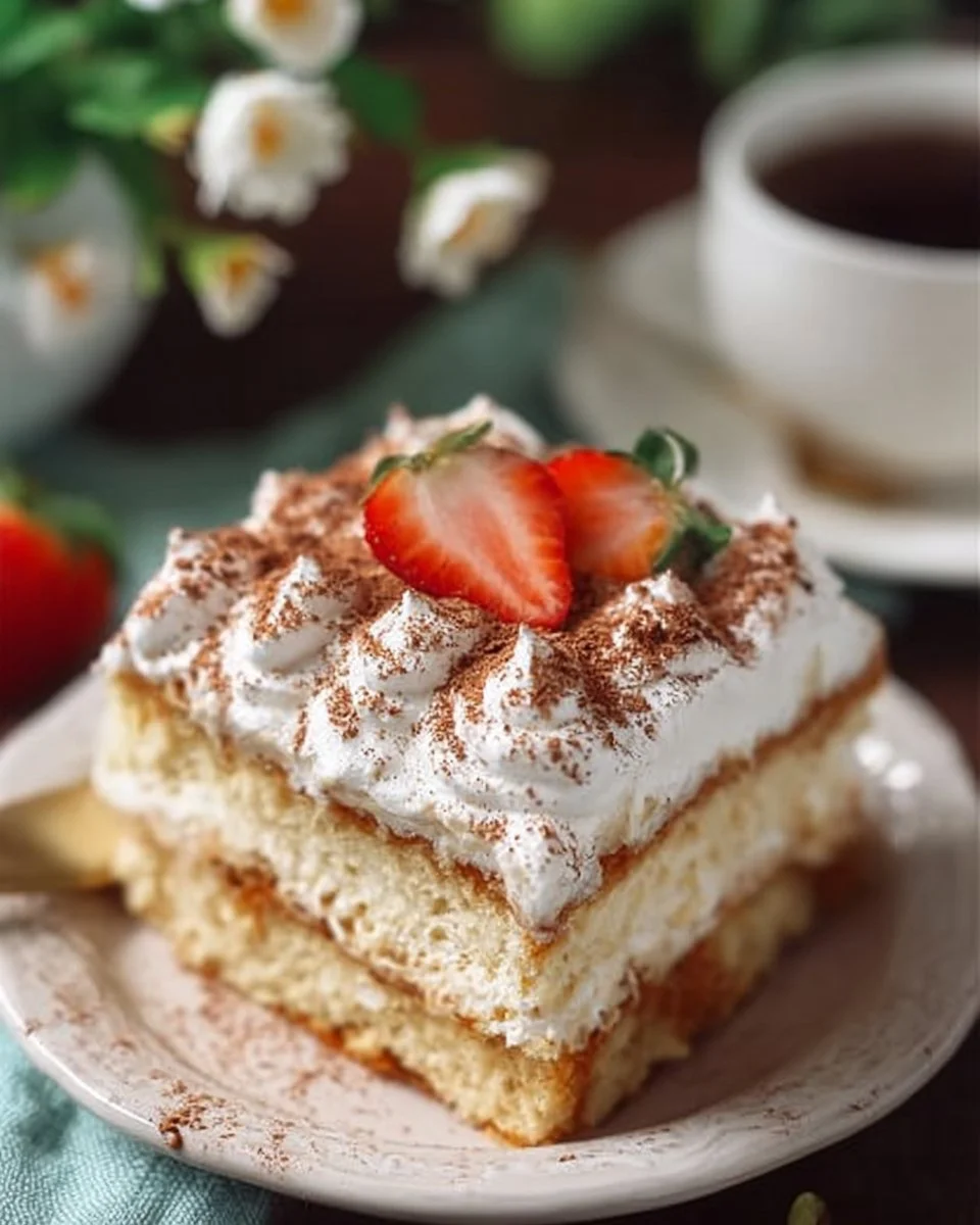 Deliciously moist Three Milks Cake topped with whipped cream and berries