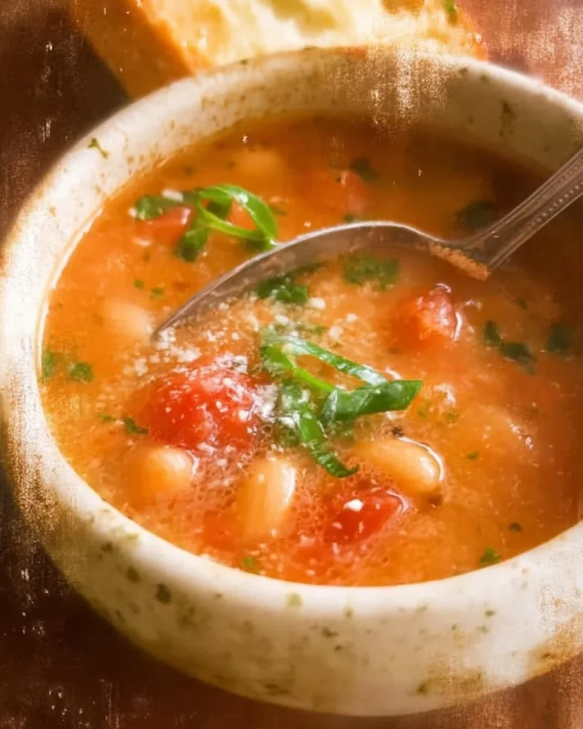 A bowl of homemade Tomato Bean Soup with fresh ingredients and herbs
