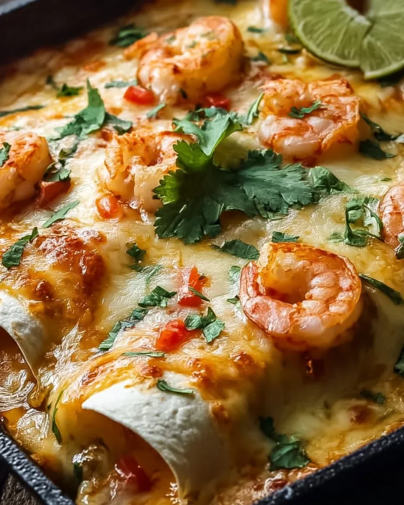 Delicious creamy shrimp enchiladas topped with cheese and cilantro.