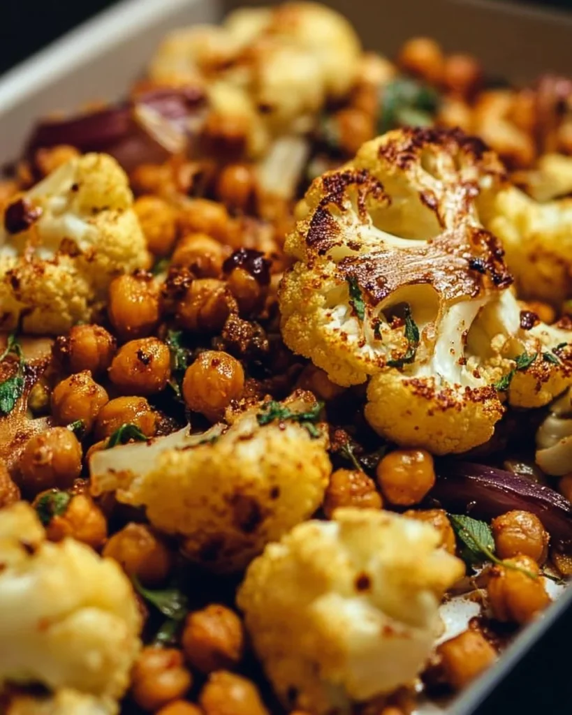 Delicious roasted cauliflower and chickpeas served for a healthy dinner